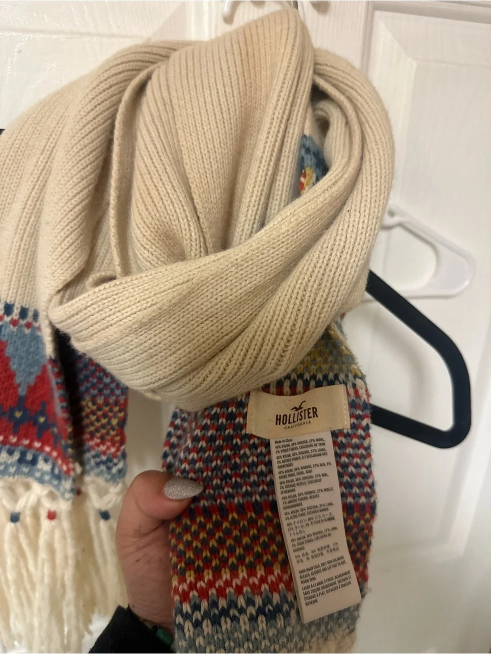Hollister Cream Knit Scarf with Multicolor Fair Isle Accents